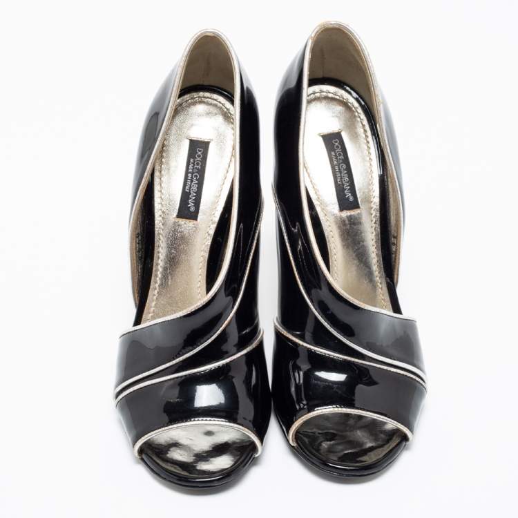 Pre Owned Dolce & Gabbana Black Patent Leather Piping Detail Peep Toe D'orsay Pumps Size 36.5