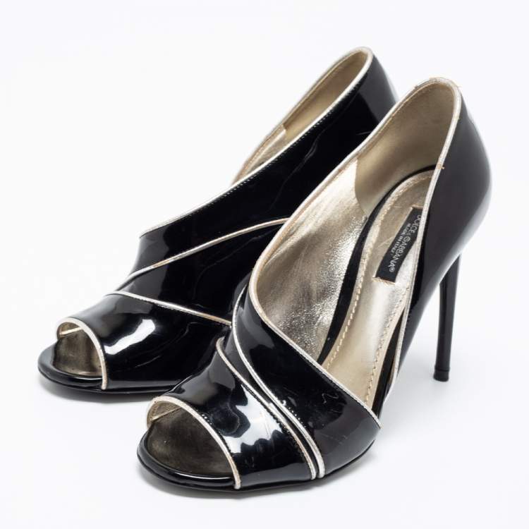 Pre Owned Dolce & Gabbana Black Patent Leather Piping Detail Peep Toe D'orsay Pumps Size 36.5