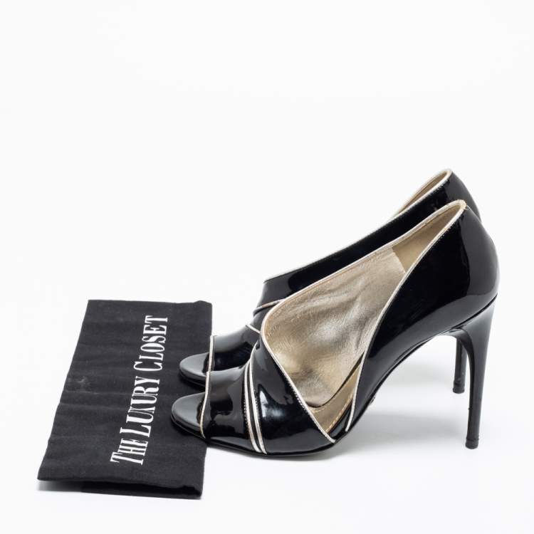Pre Owned Dolce & Gabbana Black Patent Leather Piping Detail Peep Toe D'orsay Pumps Size 36.5
