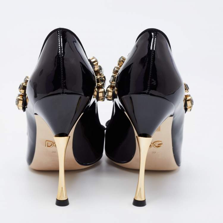 Pre Owned Dolce & Gabbana Black Patent Crystal-Embellished  Mary Jane Pumps Size 39