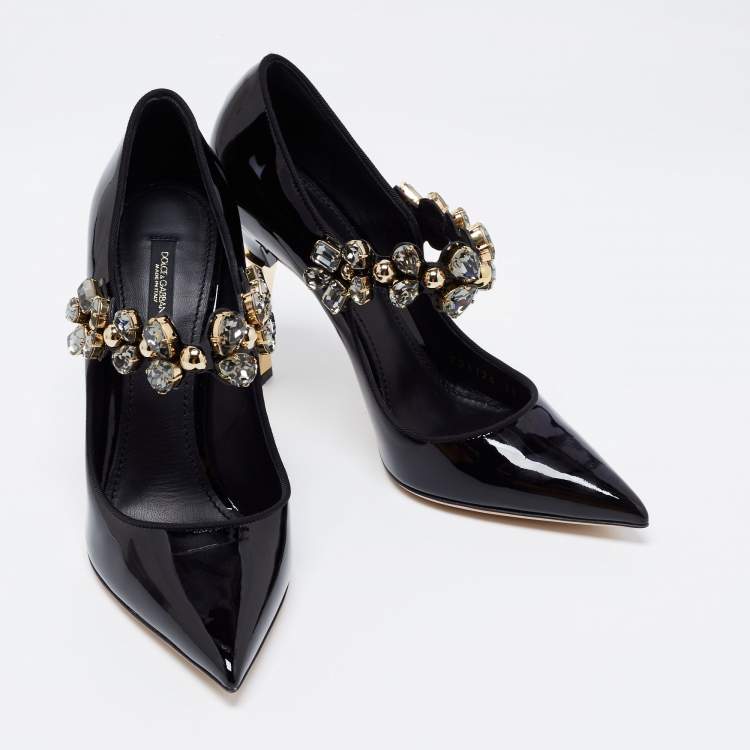 Pre Owned Dolce & Gabbana Black Patent Crystal-Embellished  Mary Jane Pumps Size 39