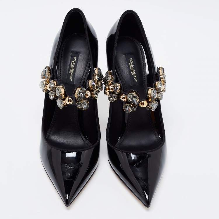 Pre Owned Dolce & Gabbana Black Patent Crystal-Embellished  Mary Jane Pumps Size 39