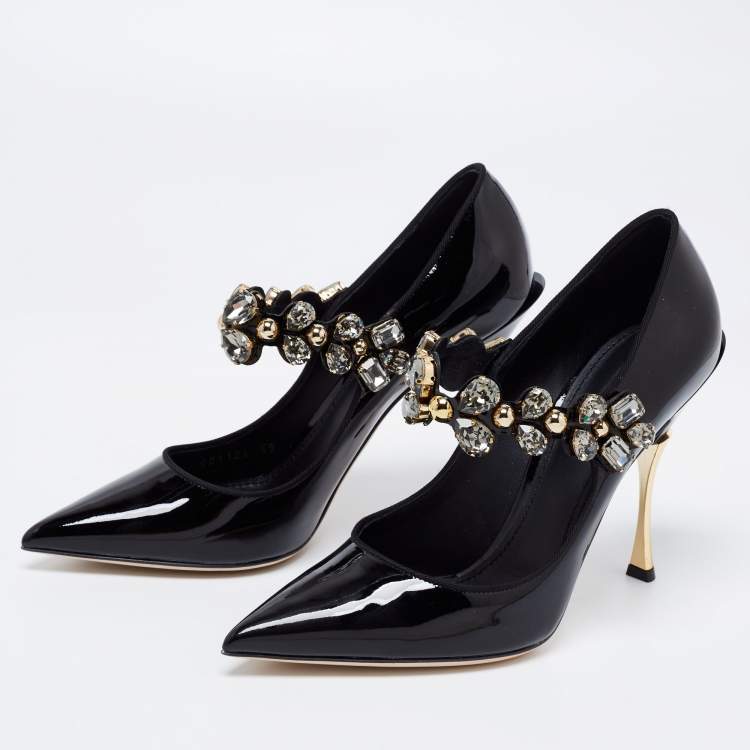 Pre Owned Dolce & Gabbana Black Patent Crystal-Embellished  Mary Jane Pumps Size 39