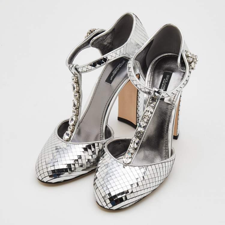 مملوكة مسبقًا Dolce & Gabbana Metallic Silver Textured Leather Embellished T Strap Pumps Size 39.5