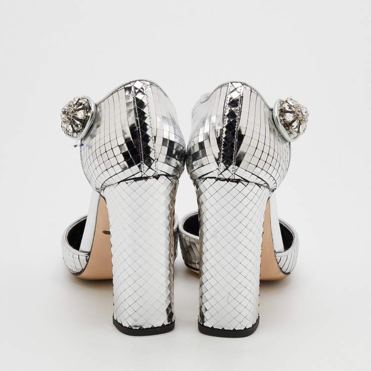 مملوكة مسبقًا Dolce & Gabbana Metallic Silver Textured Leather Embellished T Strap Pumps Size 39.5