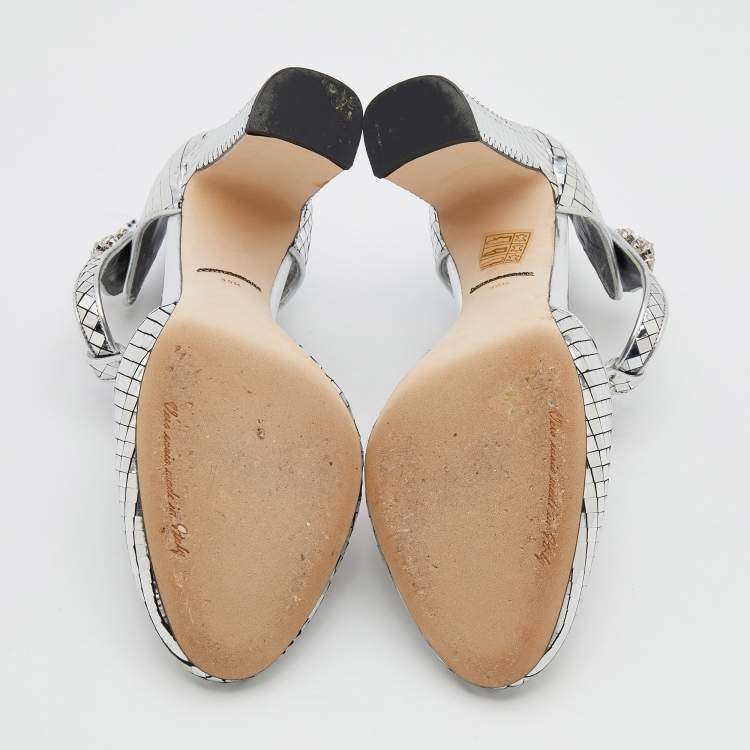 مملوكة مسبقًا Dolce & Gabbana Metallic Silver Textured Leather Embellished T Strap Pumps Size 39.5