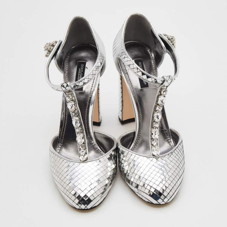 مملوكة مسبقًا Dolce & Gabbana Metallic Silver Textured Leather Embellished T Strap Pumps Size 39.5