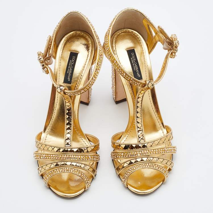Pre Owned Dolce & Gabbana Metallic Gold Satin And Texture Leather Embellished Ankle Strap Sandals Size 37.5