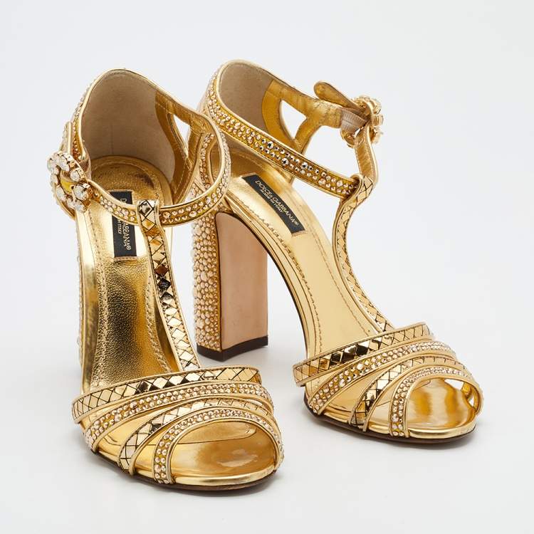 Pre Owned Dolce & Gabbana Metallic Gold Satin And Texture Leather Embellished Ankle Strap Sandals Size 37.5
