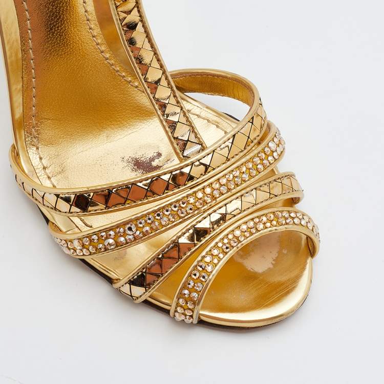 Pre Owned Dolce & Gabbana Metallic Gold Satin And Texture Leather Embellished Ankle Strap Sandals Size 37.5