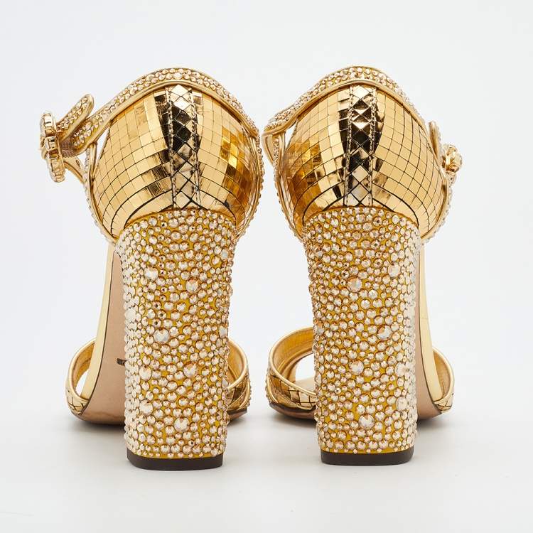 Pre Owned Dolce & Gabbana Metallic Gold Satin And Texture Leather Embellished Ankle Strap Sandals Size 37.5