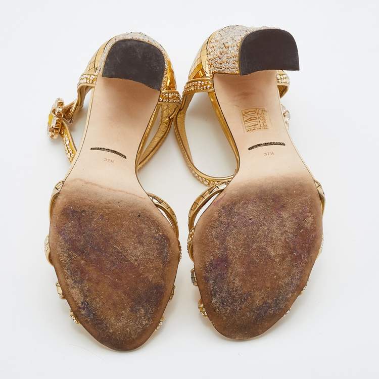 Pre Owned Dolce & Gabbana Metallic Gold Satin And Texture Leather Embellished Ankle Strap Sandals Size 37.5