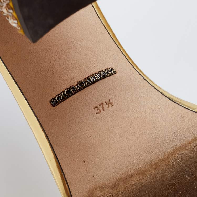 Pre Owned Dolce & Gabbana Metallic Gold Satin And Texture Leather Embellished Ankle Strap Sandals Size 37.5