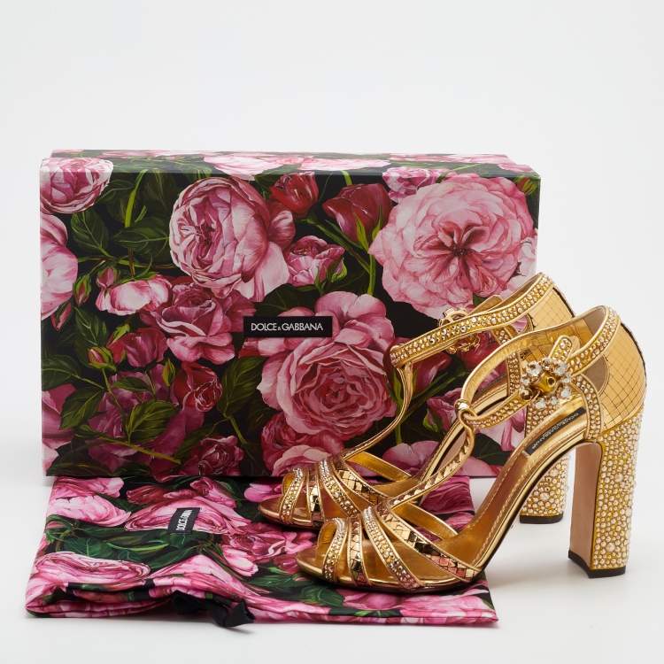 Pre Owned Dolce & Gabbana Metallic Gold Satin And Texture Leather Embellished Ankle Strap Sandals Size 37.5