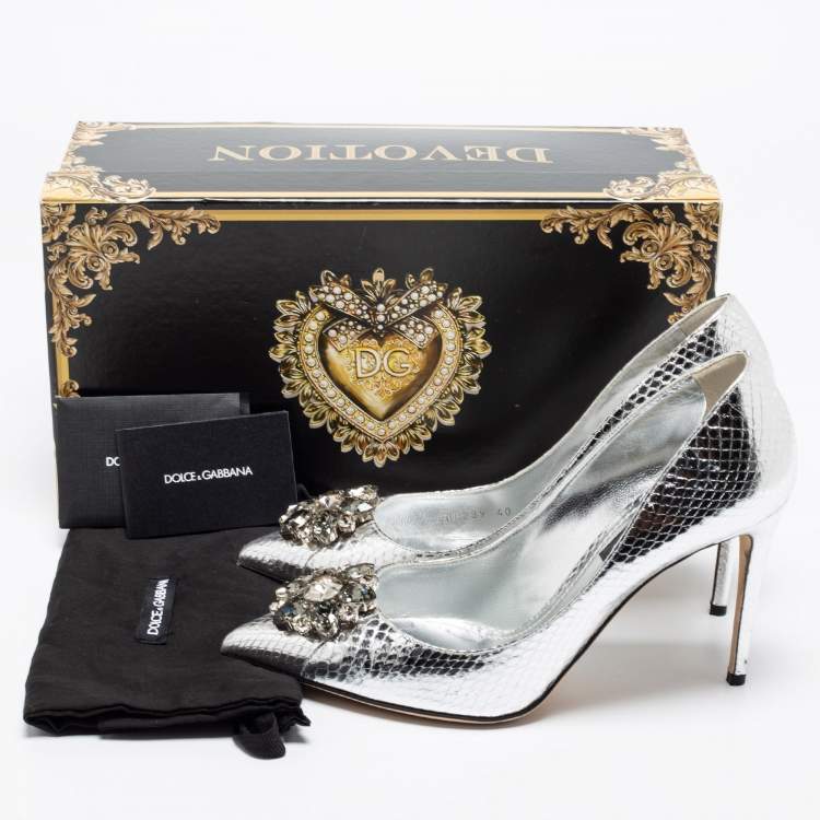 Pre Owned Dolce & Gabbana Silver Snake Embossed Leather Crystal Embellishments Pointed-Toe Pumps Size 40