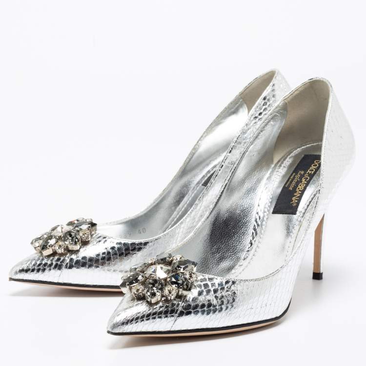 Pre Owned Dolce & Gabbana Silver Snake Embossed Leather Crystal Embellishments Pointed-Toe Pumps Size 40