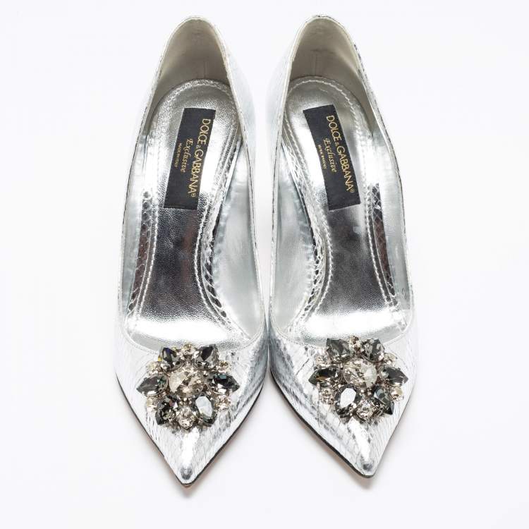 Pre Owned Dolce & Gabbana Silver Snake Embossed Leather Crystal Embellishments Pointed-Toe Pumps Size 40
