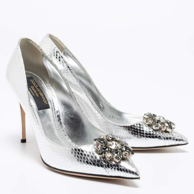 Pre Owned Dolce & Gabbana Silver Snake Embossed Leather Crystal Embellishments Pointed-Toe Pumps Size 40