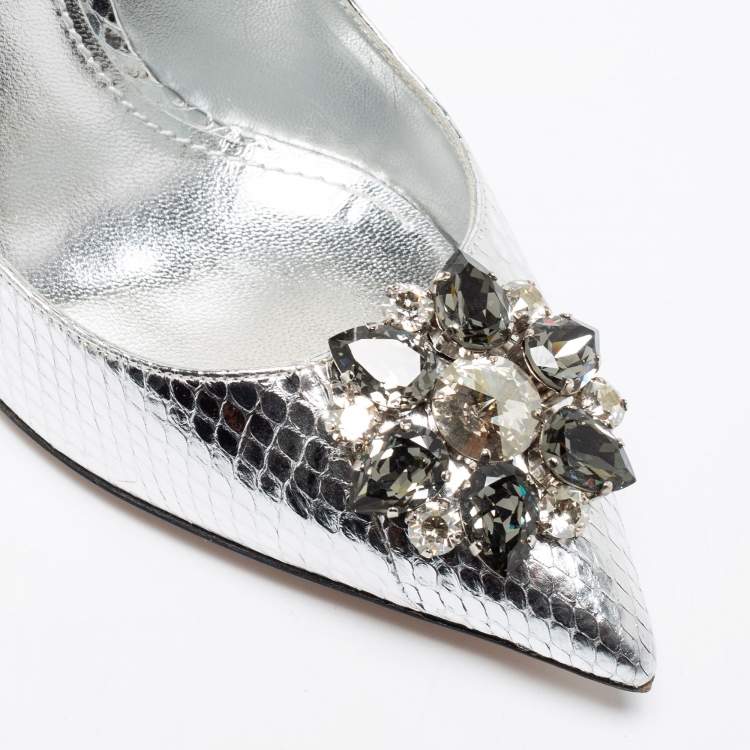 Pre Owned Dolce & Gabbana Silver Snake Embossed Leather Crystal Embellishments Pointed-Toe Pumps Size 40