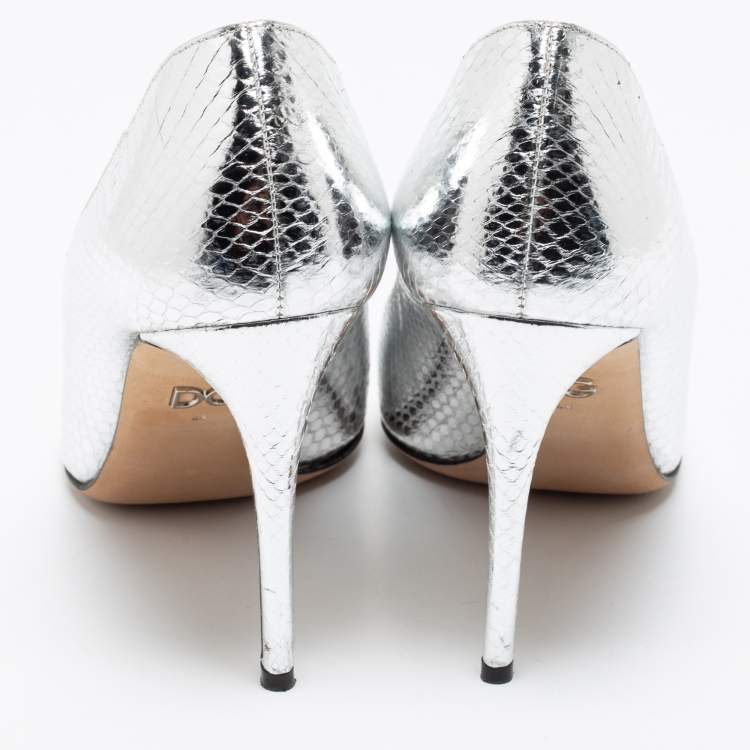 Pre Owned Dolce & Gabbana Silver Snake Embossed Leather Crystal Embellishments Pointed-Toe Pumps Size 40