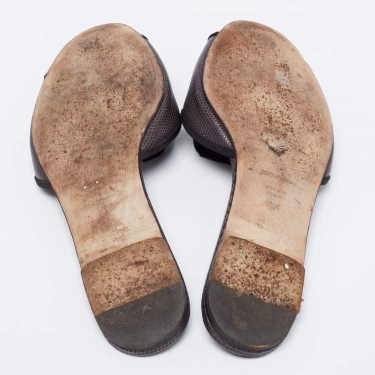 Pre Owned Dolce & Gabbana Dark Brown Lizard Embossed Leather Sofia Flat Sandals Size 40.5