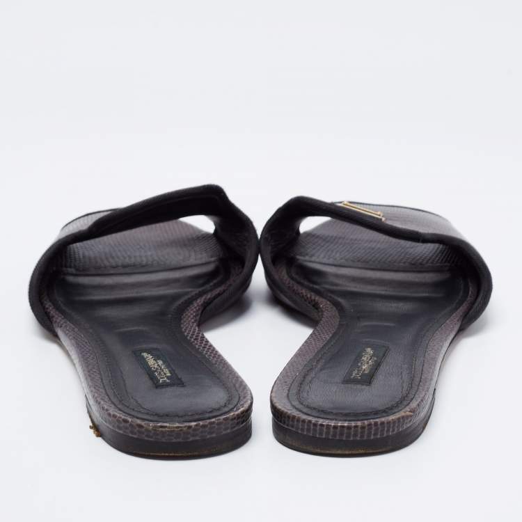 Pre Owned Dolce & Gabbana Dark Brown Lizard Embossed Leather Sofia Flat Sandals Size 40.5