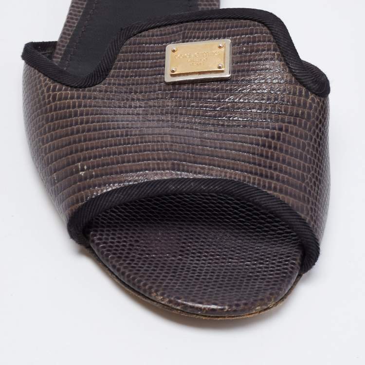 Pre Owned Dolce & Gabbana Dark Brown Lizard Embossed Leather Sofia Flat Sandals Size 40.5