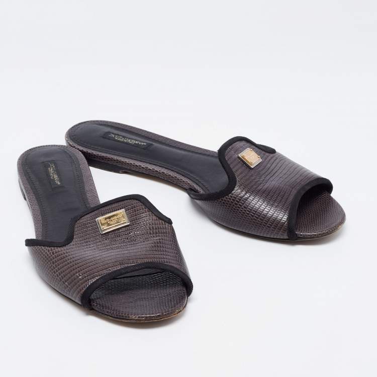 Pre Owned Dolce & Gabbana Dark Brown Lizard Embossed Leather Sofia Flat Sandals Size 40.5