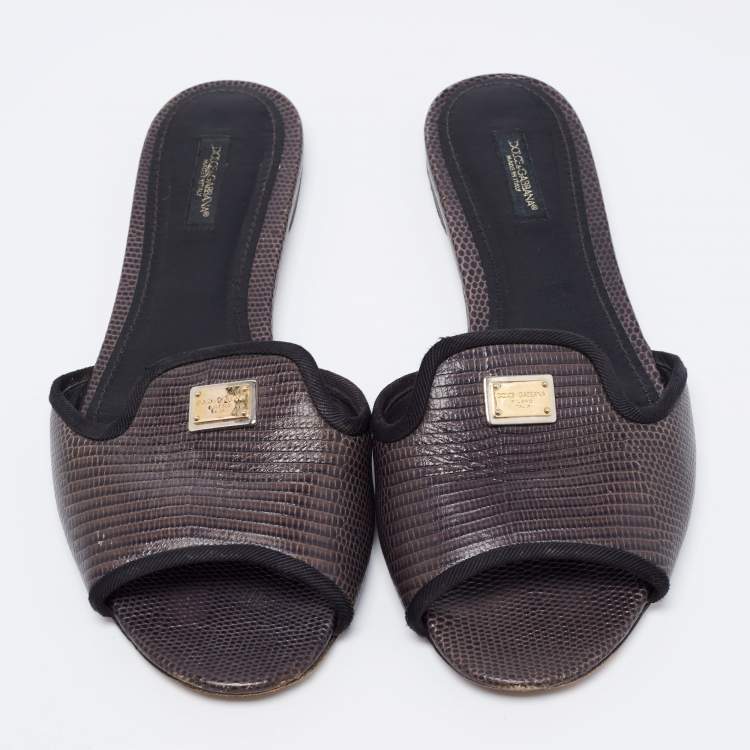 Pre Owned Dolce & Gabbana Dark Brown Lizard Embossed Leather Sofia Flat Sandals Size 40.5