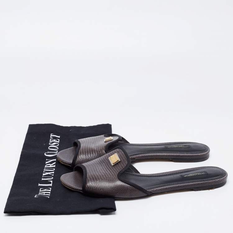 Pre Owned Dolce & Gabbana Dark Brown Lizard Embossed Leather Sofia Flat Sandals Size 40.5