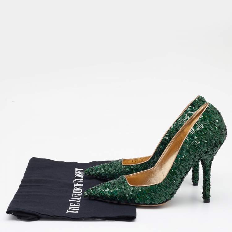 Pre Owned Dolce & Gabbana Green Sequin Embellished Pointed Toe Pumps Size 38