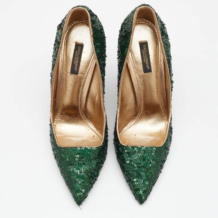 Pre Owned Dolce & Gabbana Green Sequin Embellished Pointed Toe Pumps Size 38