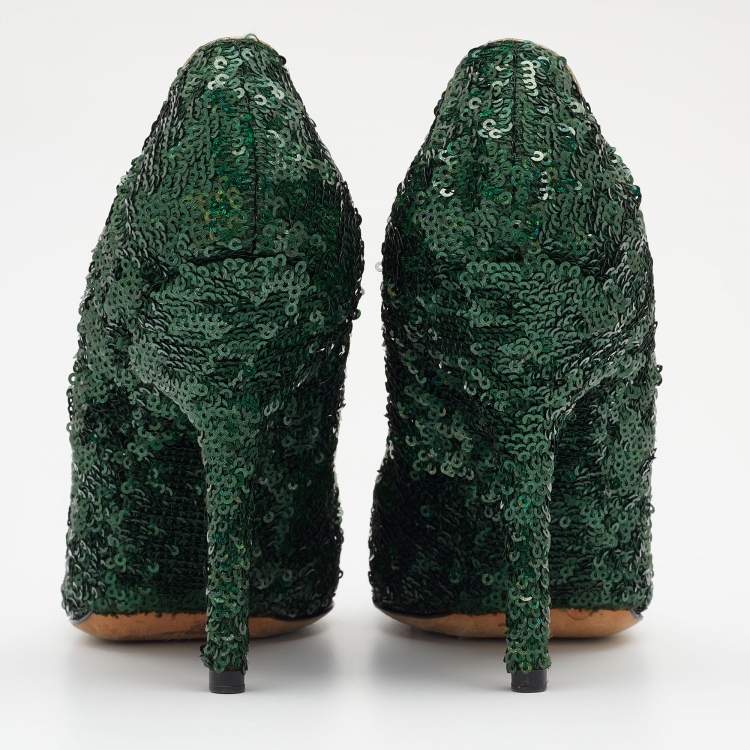 Pre Owned Dolce & Gabbana Green Sequin Embellished Pointed Toe Pumps Size 38