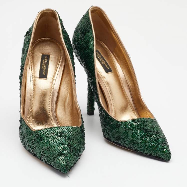 Pre Owned Dolce & Gabbana Green Sequin Embellished Pointed Toe Pumps Size 38