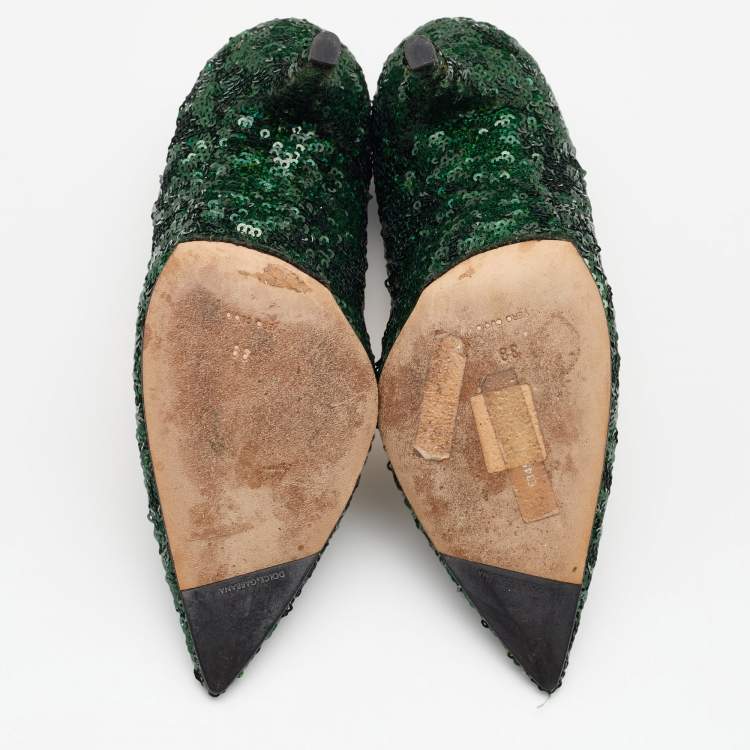 Pre Owned Dolce & Gabbana Green Sequin Embellished Pointed Toe Pumps Size 38