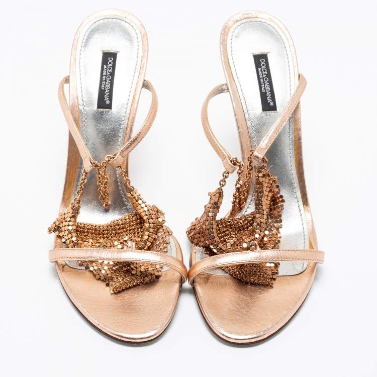 Pre Owned Dolce & Gabbana Metallic Rose Gold Leather Embellished Ankle Strap Sandals Size 39