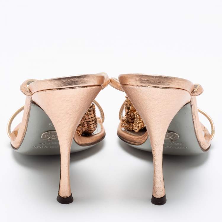 Pre Owned Dolce & Gabbana Metallic Rose Gold Leather Embellished Ankle Strap Sandals Size 39