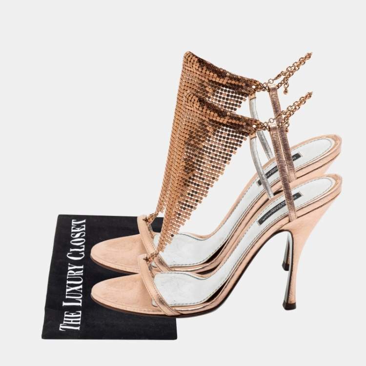 Pre Owned Dolce & Gabbana Metallic Rose Gold Leather Embellished Ankle Strap Sandals Size 39
