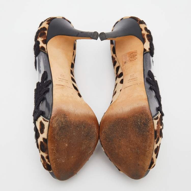 Pre Owned Dolce & Gabbana Black/Brown Leopard Print Calf Hair And PVC Floral Embroidered Peep Toe Pumps Size 39