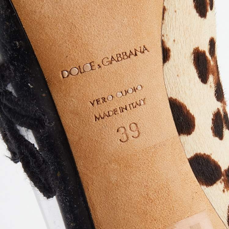 Pre Owned Dolce & Gabbana Black/Brown Leopard Print Calf Hair And PVC Floral Embroidered Peep Toe Pumps Size 39