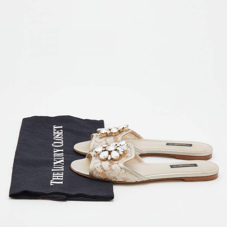 Pre Owned Dolce & Gabbana Off White Lace and Satin Crystal Embellished Bianca Flat Slides Size 35.5