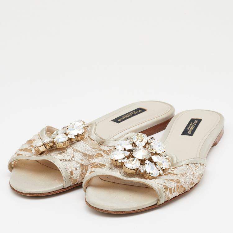 Pre Owned Dolce & Gabbana Off White Lace and Satin Crystal Embellished Bianca Flat Slides Size 35.5