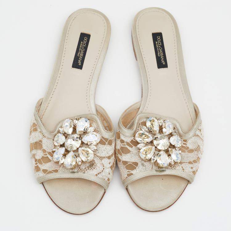Pre Owned Dolce & Gabbana Off White Lace and Satin Crystal Embellished Bianca Flat Slides Size 35.5