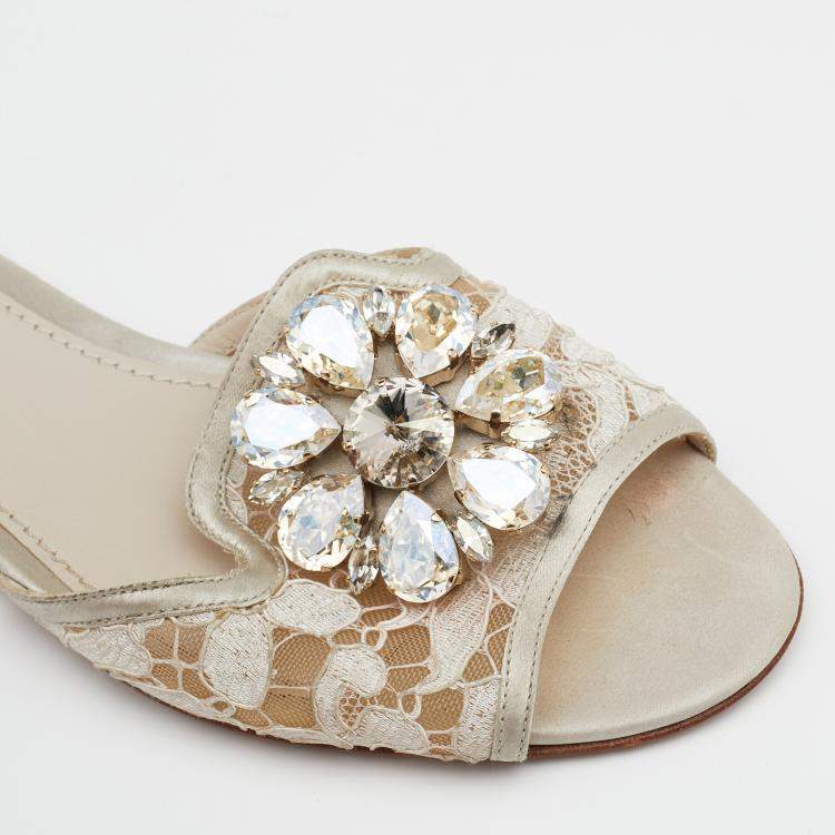 Pre Owned Dolce & Gabbana Off White Lace and Satin Crystal Embellished Bianca Flat Slides Size 35.5