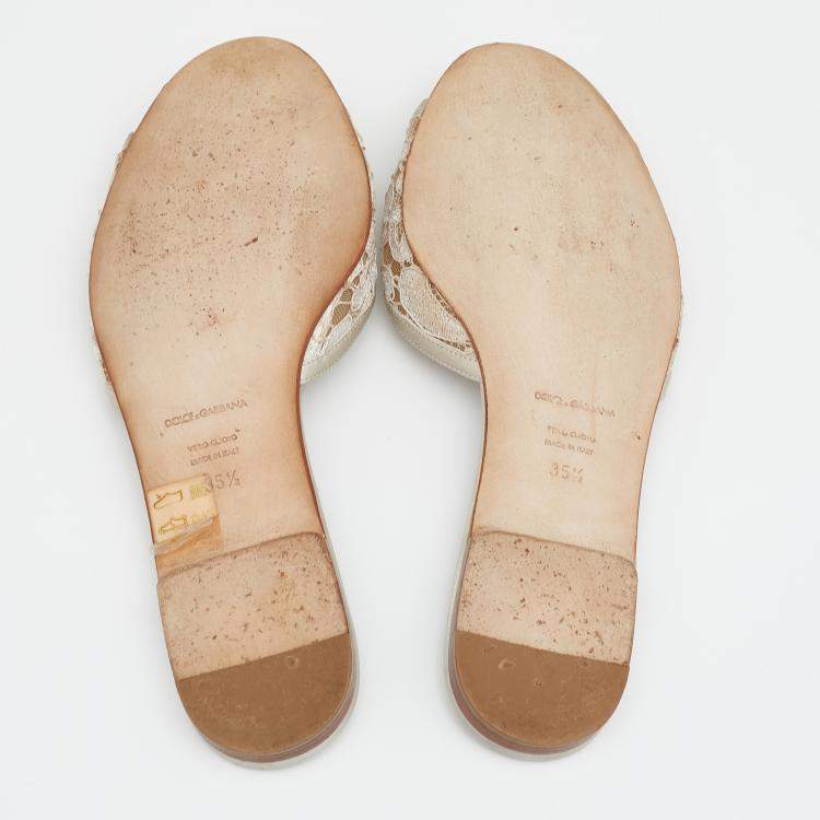 Pre Owned Dolce & Gabbana Off White Lace and Satin Crystal Embellished Bianca Flat Slides Size 35.5