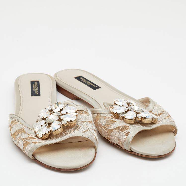 Pre Owned Dolce & Gabbana Off White Lace and Satin Crystal Embellished Bianca Flat Slides Size 35.5