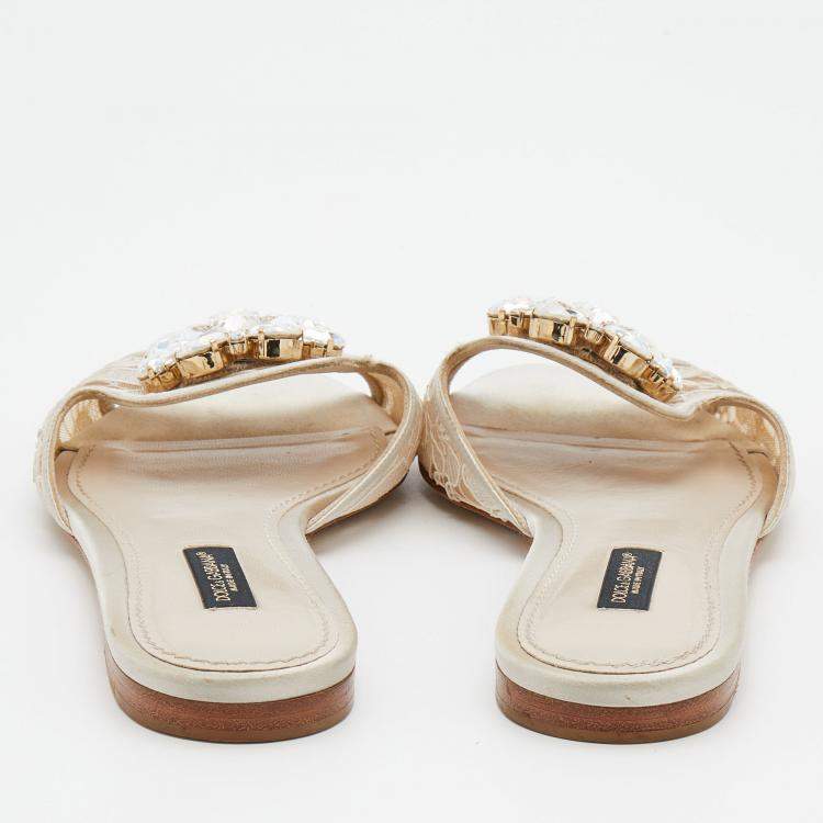 Pre Owned Dolce & Gabbana Off White Lace and Satin Crystal Embellished Bianca Flat Slides Size 35.5