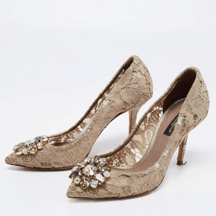Pre Owned Dolce & Gabbana Taupe Lace Crystal Embellished Bellucci Pumps Size 35.5