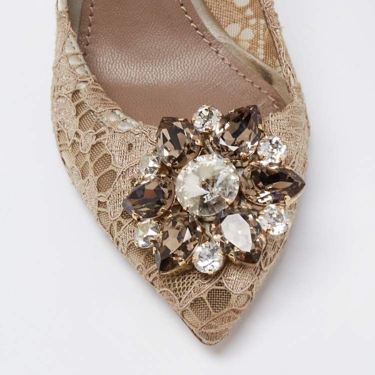 Pre Owned Dolce & Gabbana Taupe Lace Crystal Embellished Bellucci Pumps Size 35.5