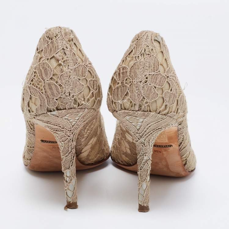 Pre Owned Dolce & Gabbana Taupe Lace Crystal Embellished Bellucci Pumps Size 35.5